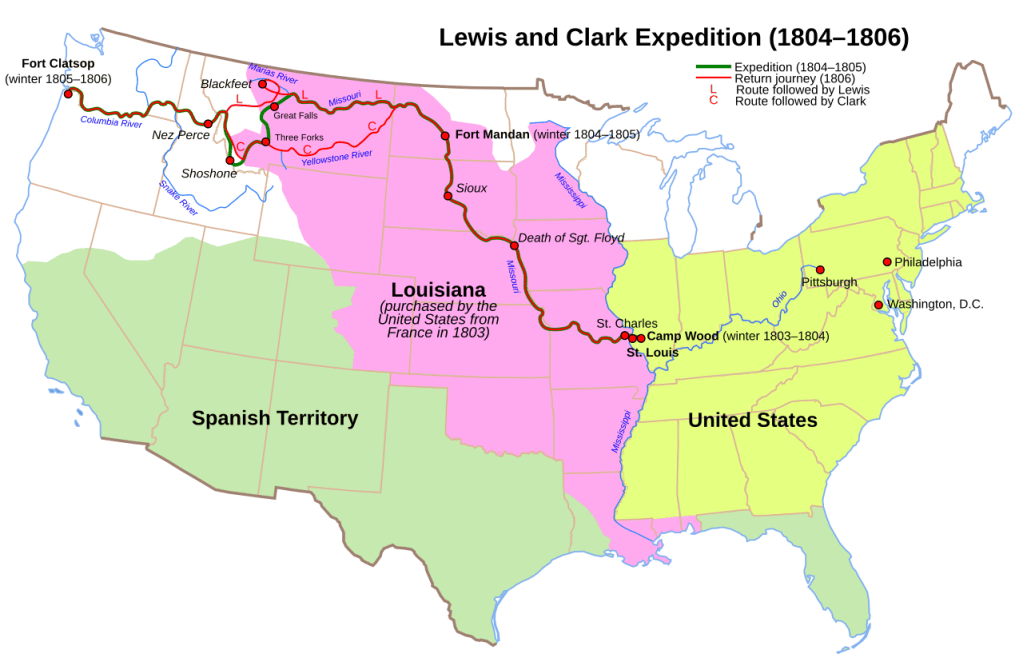 Map of the Lewis and Clark Expedition (1804-1806) showing routes taken, key locations, and territories divided into Spanish and United States regions.