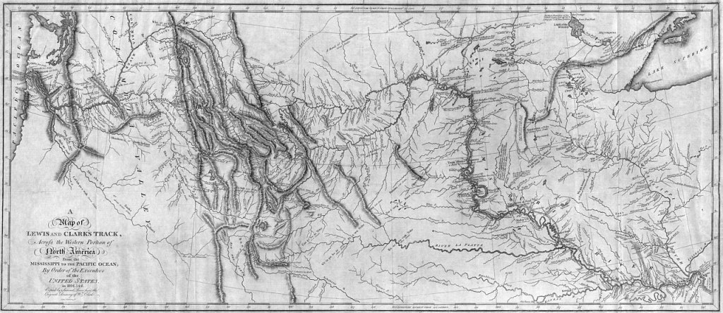 A historical map depicting the route of Lewis and Clark's expedition across the western portion of North America, showing geographical features and trails.