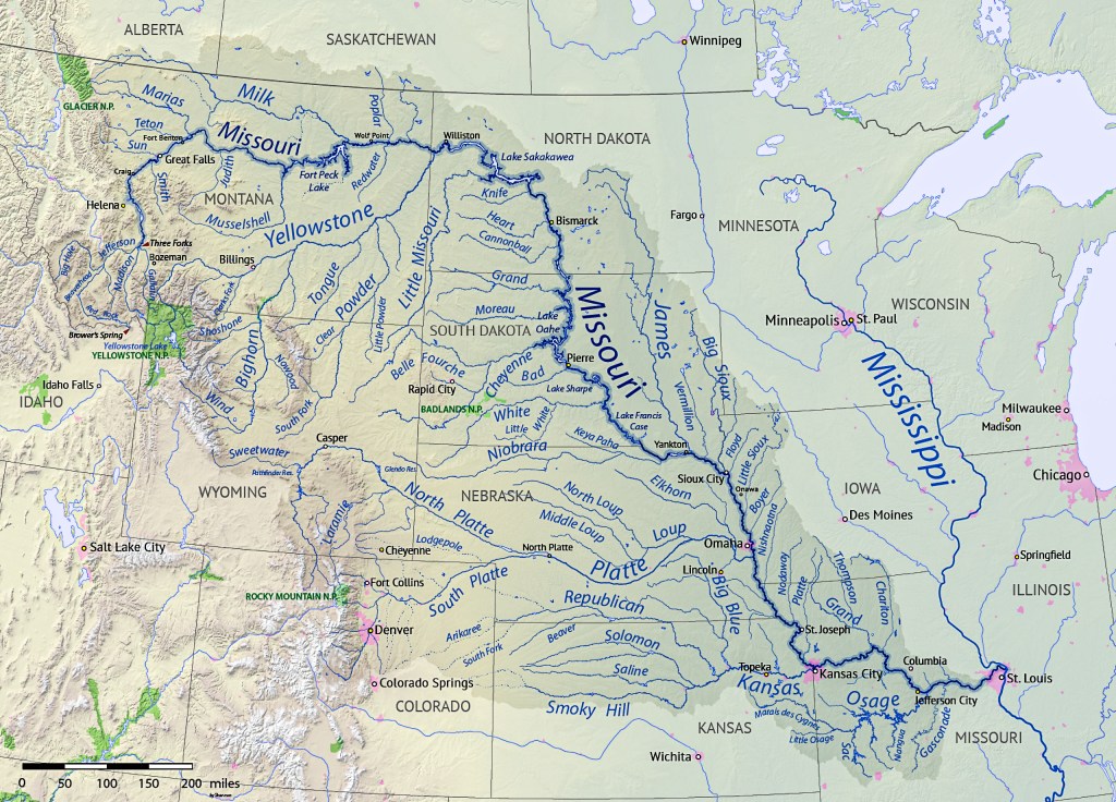 A detailed topographic map showing the Missouri River and its tributaries, including the Yellowstone River, across the north-central United States and Canada.